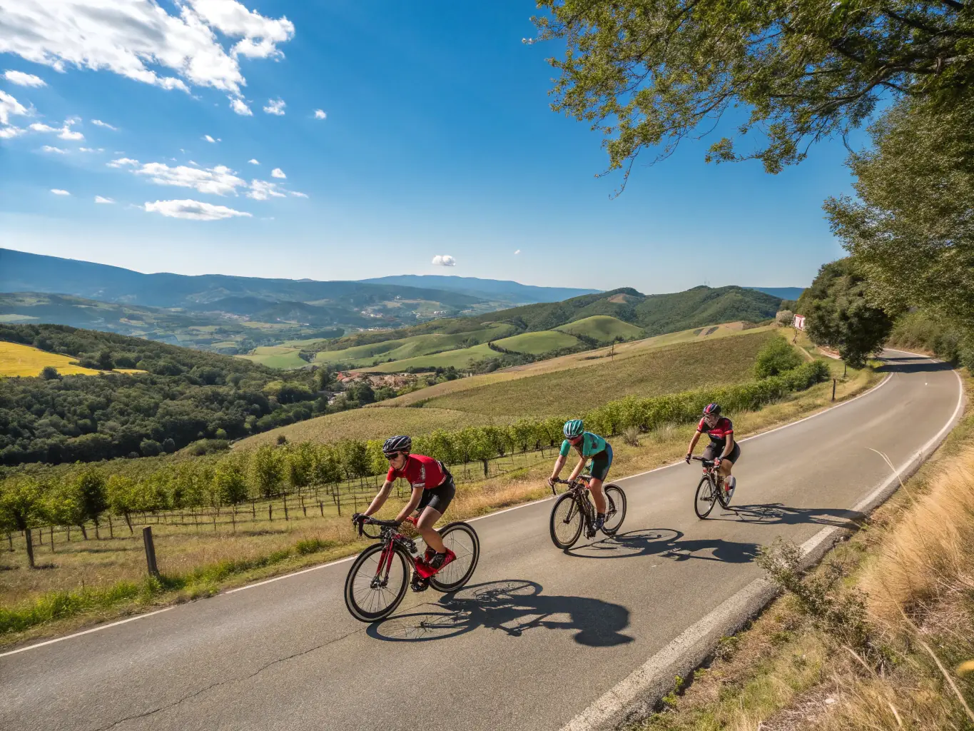 A group of cyclists participating in a training session on a sunny day, focusing on improving their speed and endurance.